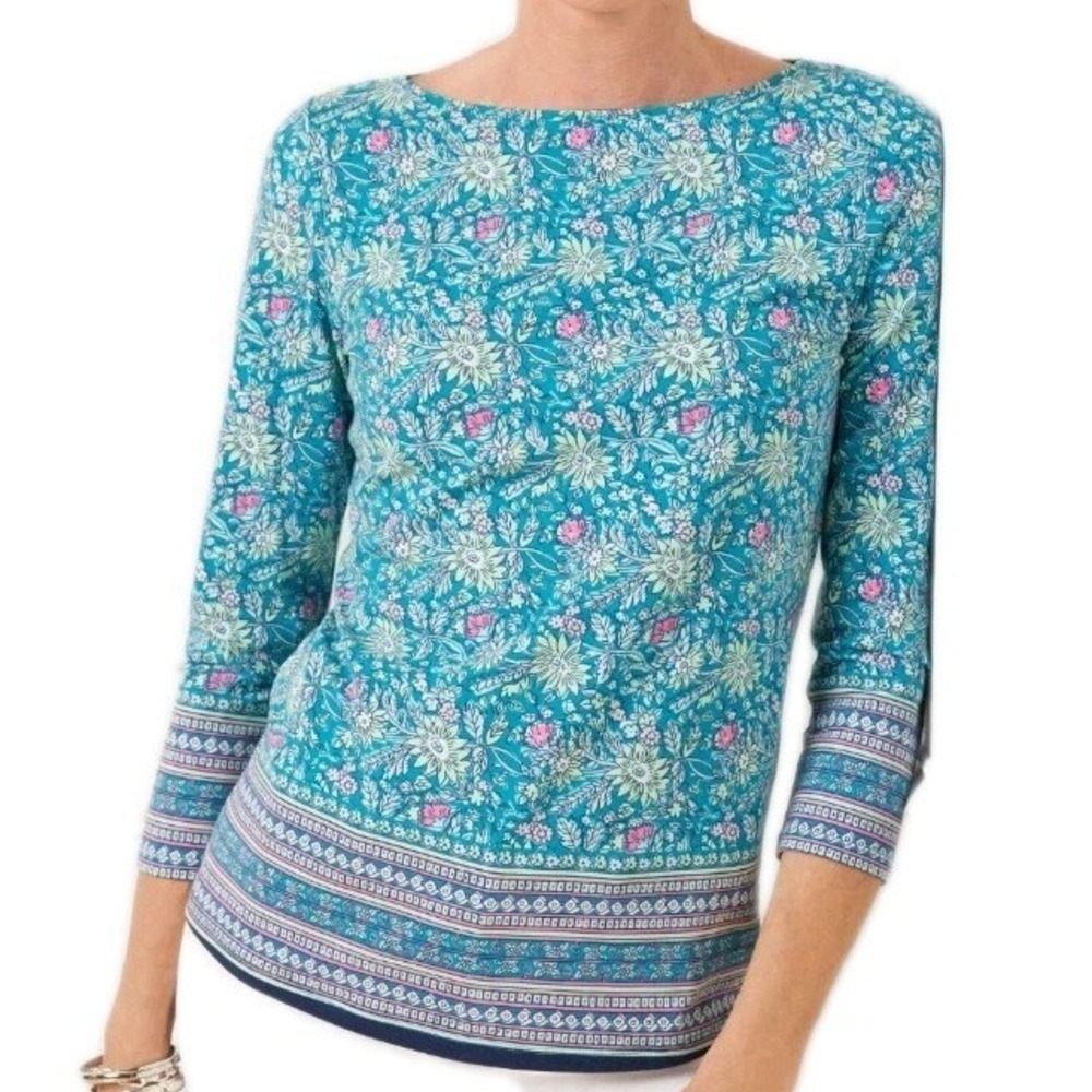 Talbots Tee 3X Pima Bateau Neck Blue Floral Top Primrose Border Boho Cottagecore